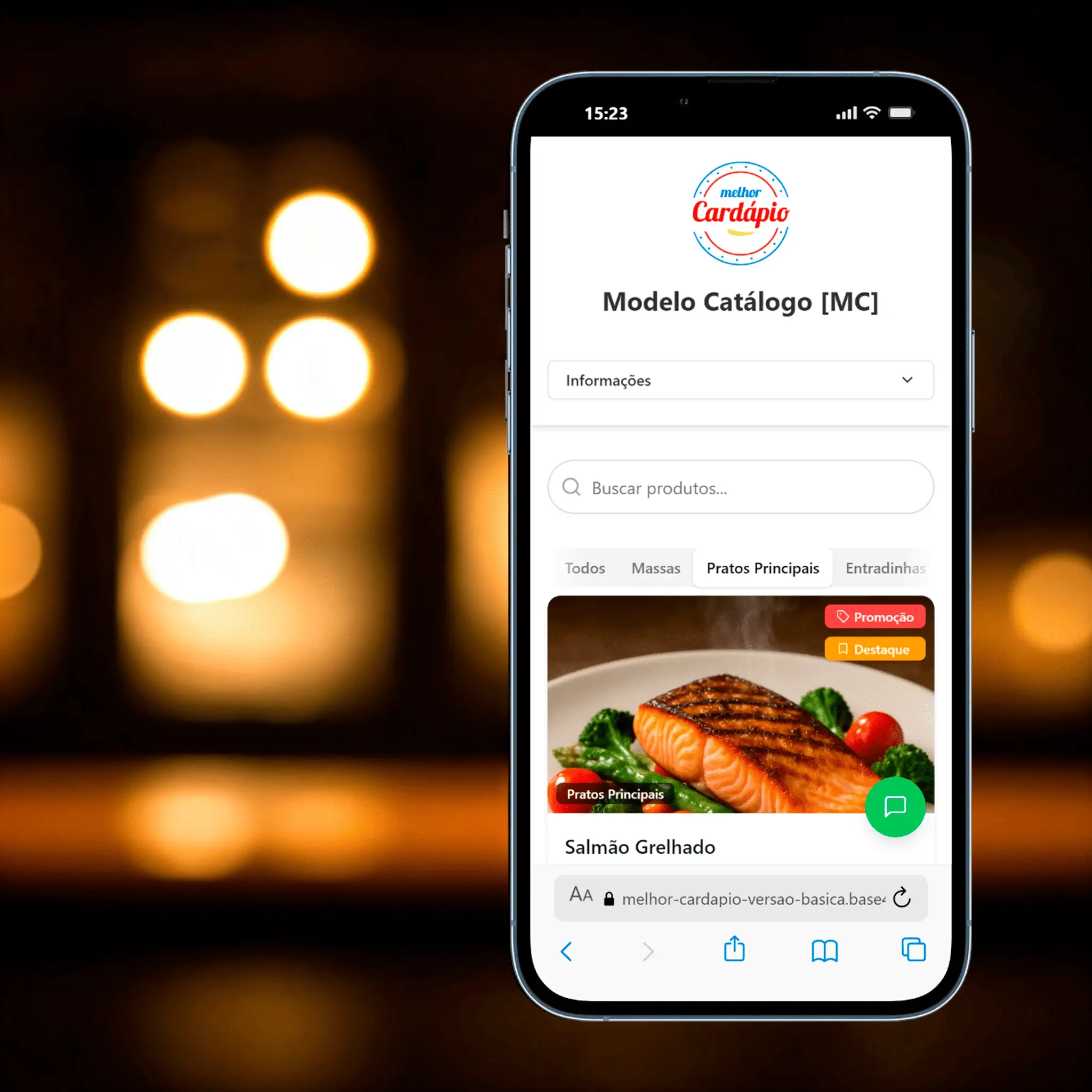 Imagem de um celular com o modelo do Melhor Cardápio na tela