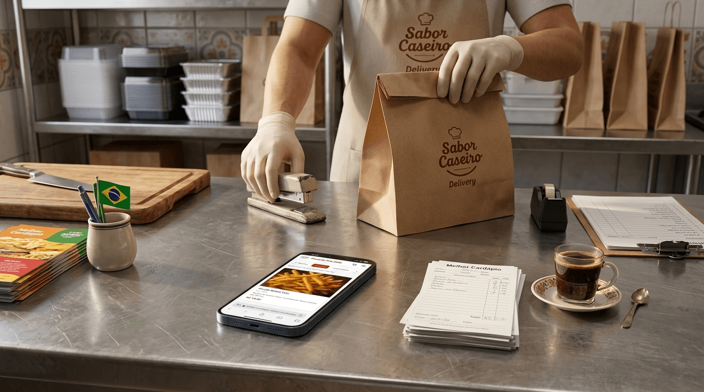 Celular exibindo cardapio digital na bancada