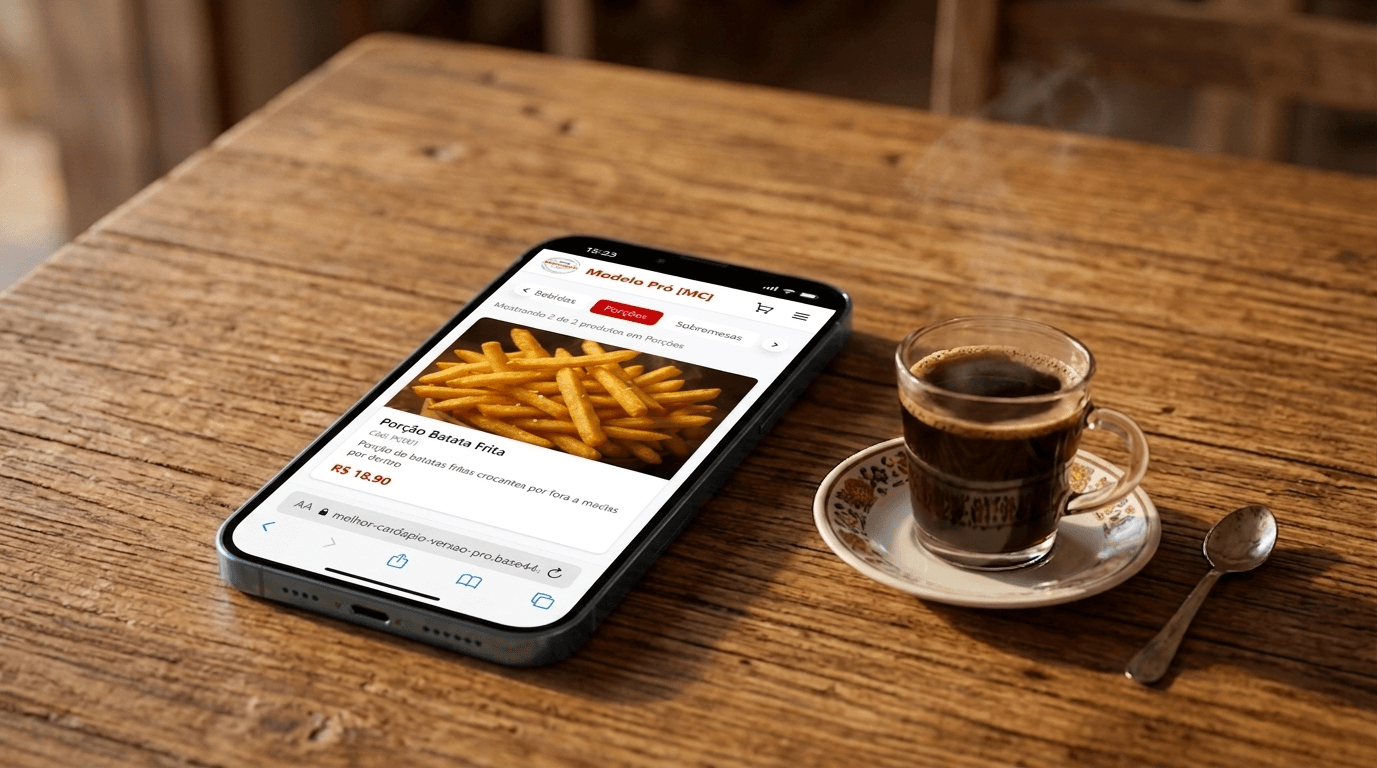 Celular na mesa exibindo cardápio digital ao lado de uma xícara de café