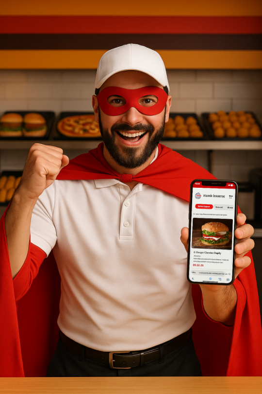 Homem com capa e máscara de super-herói segurando celular exibindo o modelo pró do Melhor Cardápio.