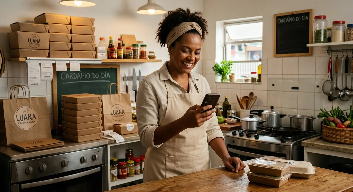 Mulher empreendedora confiante, segurando um smartphone na sua Dark Kitchen