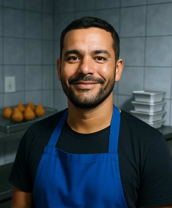 Homem de avental azul em cozinha comercial com bandejas de coxinhas, representando a economia de tempo com pedidos de salgados já anotados.