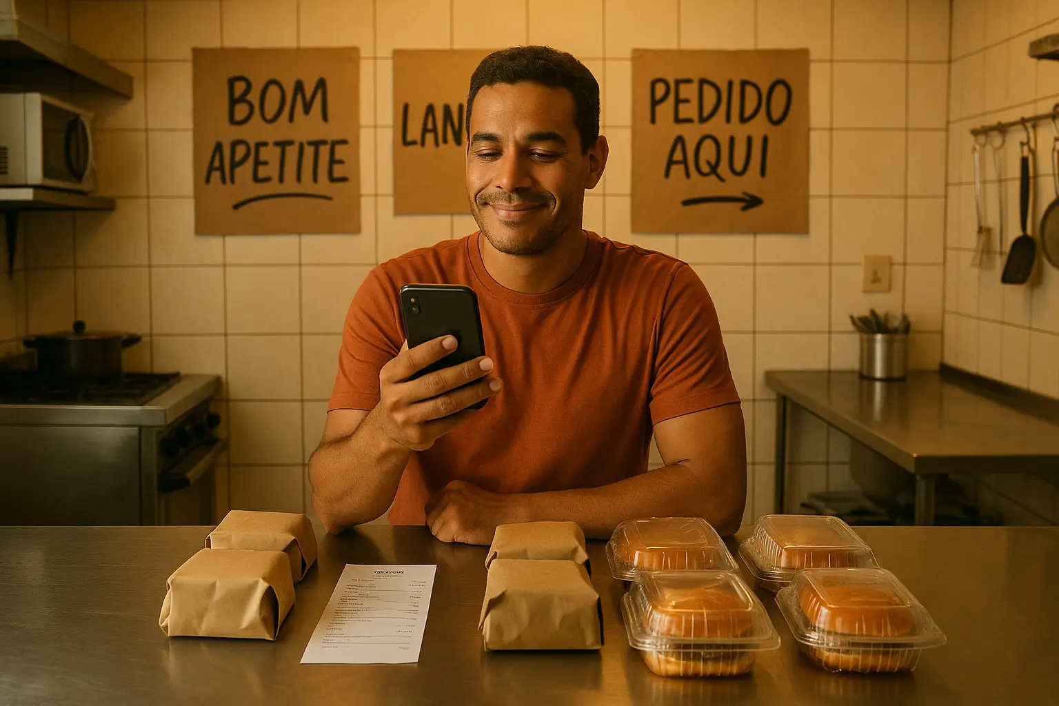 Empreendedor de camiseta laranja em cozinha de delivery olhando smartphone com hambúrgueres embalados no balcão e placas "Bom Apetite" e "Pedido Aqui".