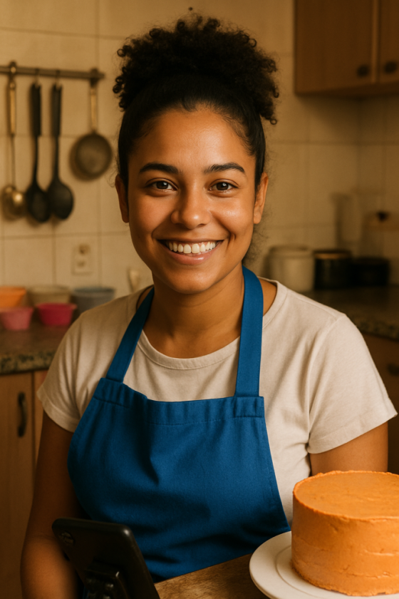 Confeiteira de avental azul ao lado de um bolo, demonstrando a gestão simples de pedidos de doces e bolos.
