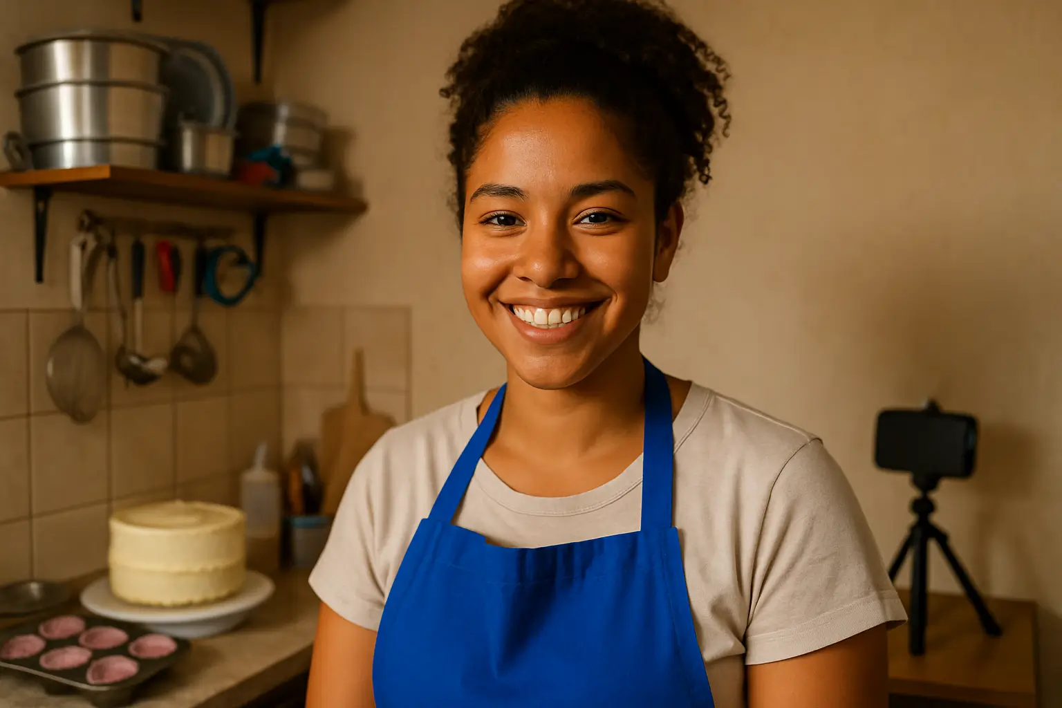 Confeiteira sorridente em sua cozinha com bolos e cupcakes, pronta para gerenciar encomendas pelo cardápio digital no WhatsApp.
