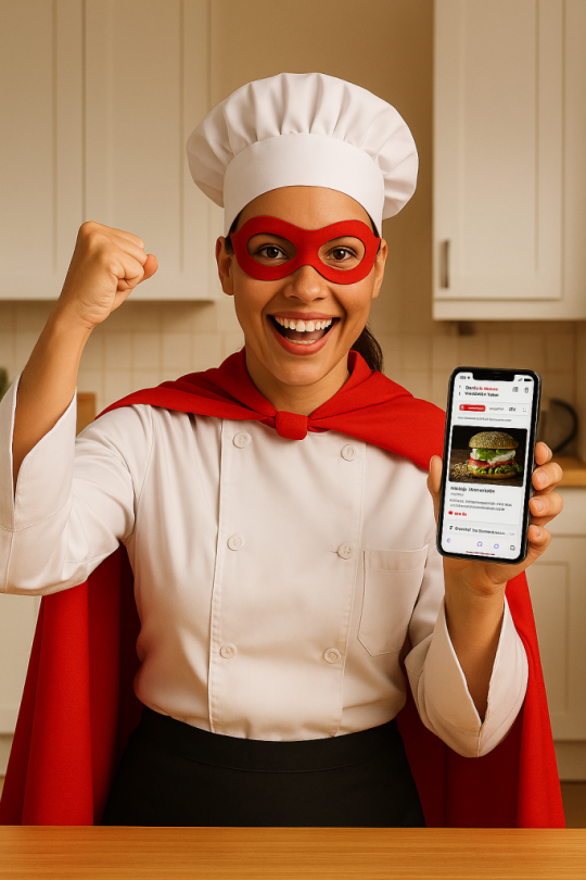 Chef de cozinha com chapéu branco e capa de super-herói comemorando ao segurar smartphone exibindo o modelo pró do Melhor Cardápio.