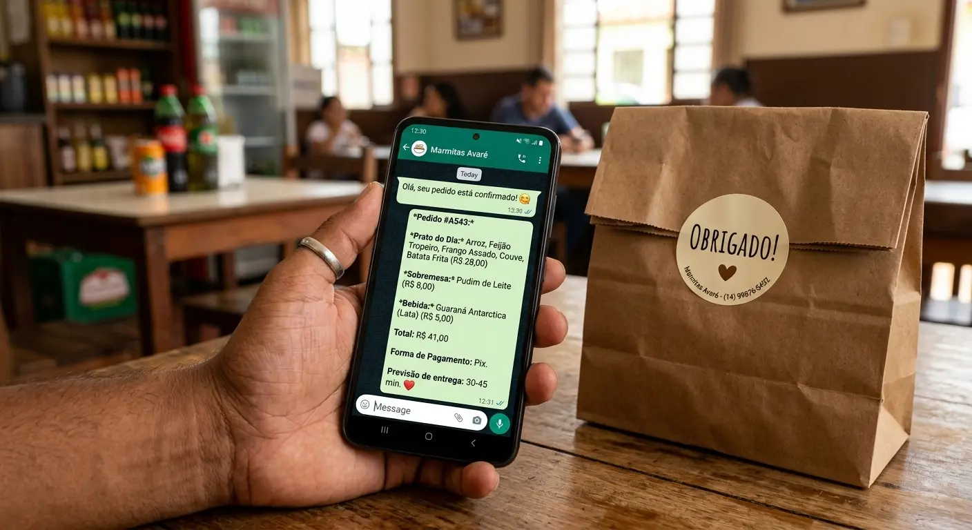Close-up de mãos segurando celular com tela de pedido detalhado via link de cardápio digital.