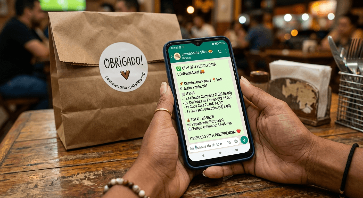 Close-up de tela de WhatsApp mostrando um pedido finalizado com lista de produtos, total e tempo de entrega.